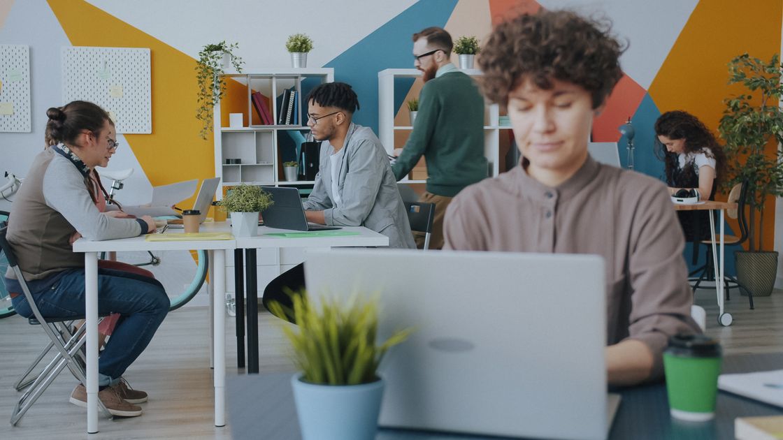 Open plan office with a diverse team working collaboratively