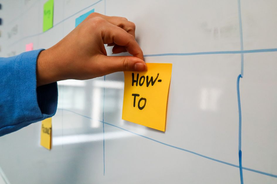 A hand placing a yellow sticky note on a whiteboard for planning
