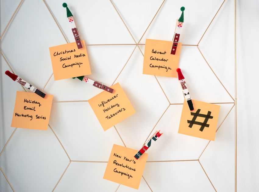 Sticky notes with holiday marketing ideas clipped to a wall grid