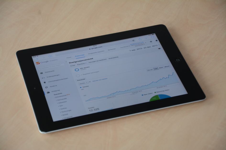 A tablet displaying an analytics dashboard with charts