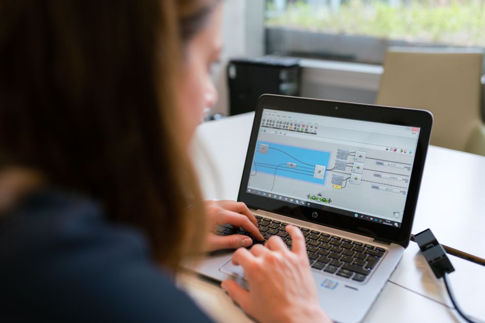 A woman focused on software analysis using a laptop