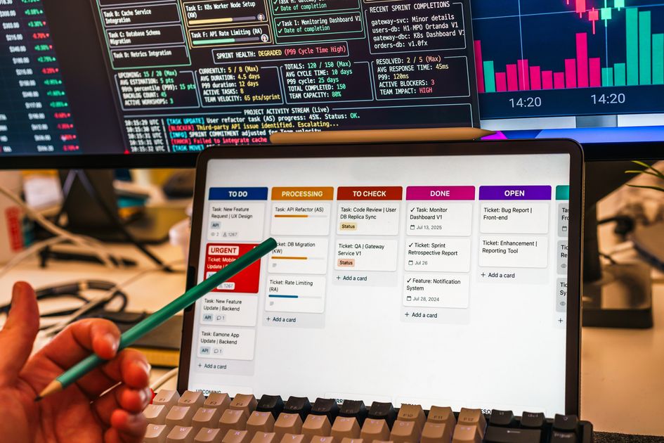A business workflow setup with tablet and multiple screens