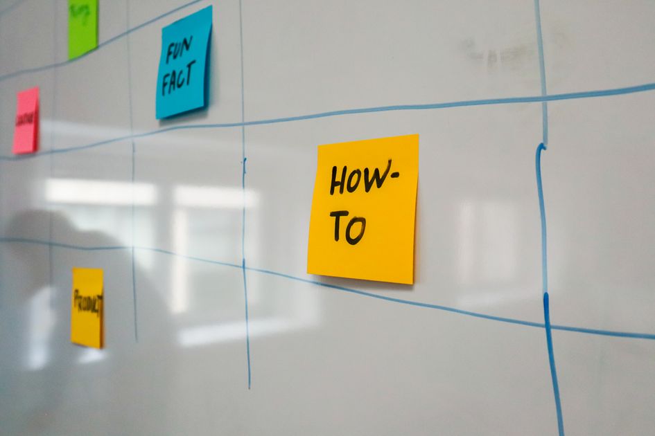 An organized whiteboard with colorful sticky notes