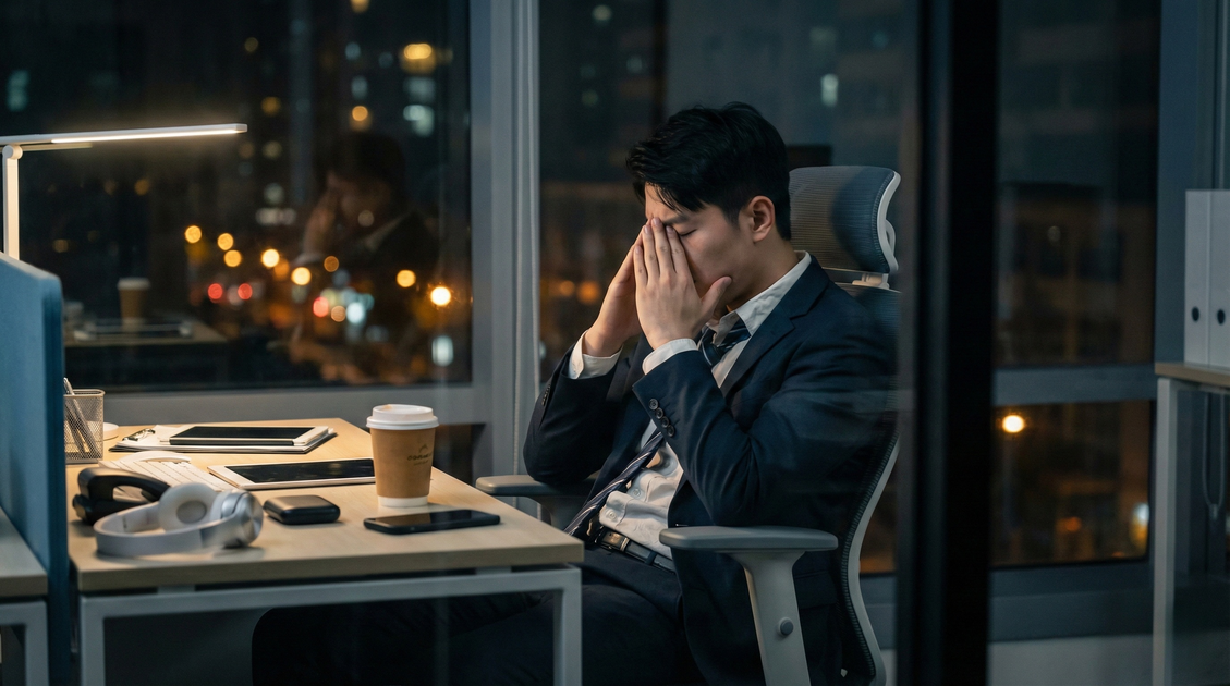A businessman sits stressed at his office desk at night