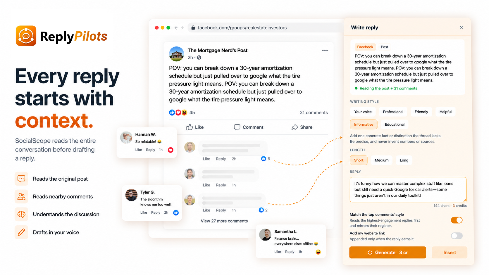 Reply Pilots drafting a reply inside a Facebook group thread — it reads the post and the comments, then writes a reply in your voice.
